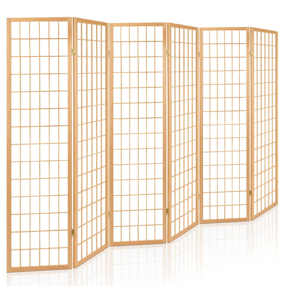 Natural pine 6-panel grid shoji room divider flat front view on white background with wood frame and rice paper panels