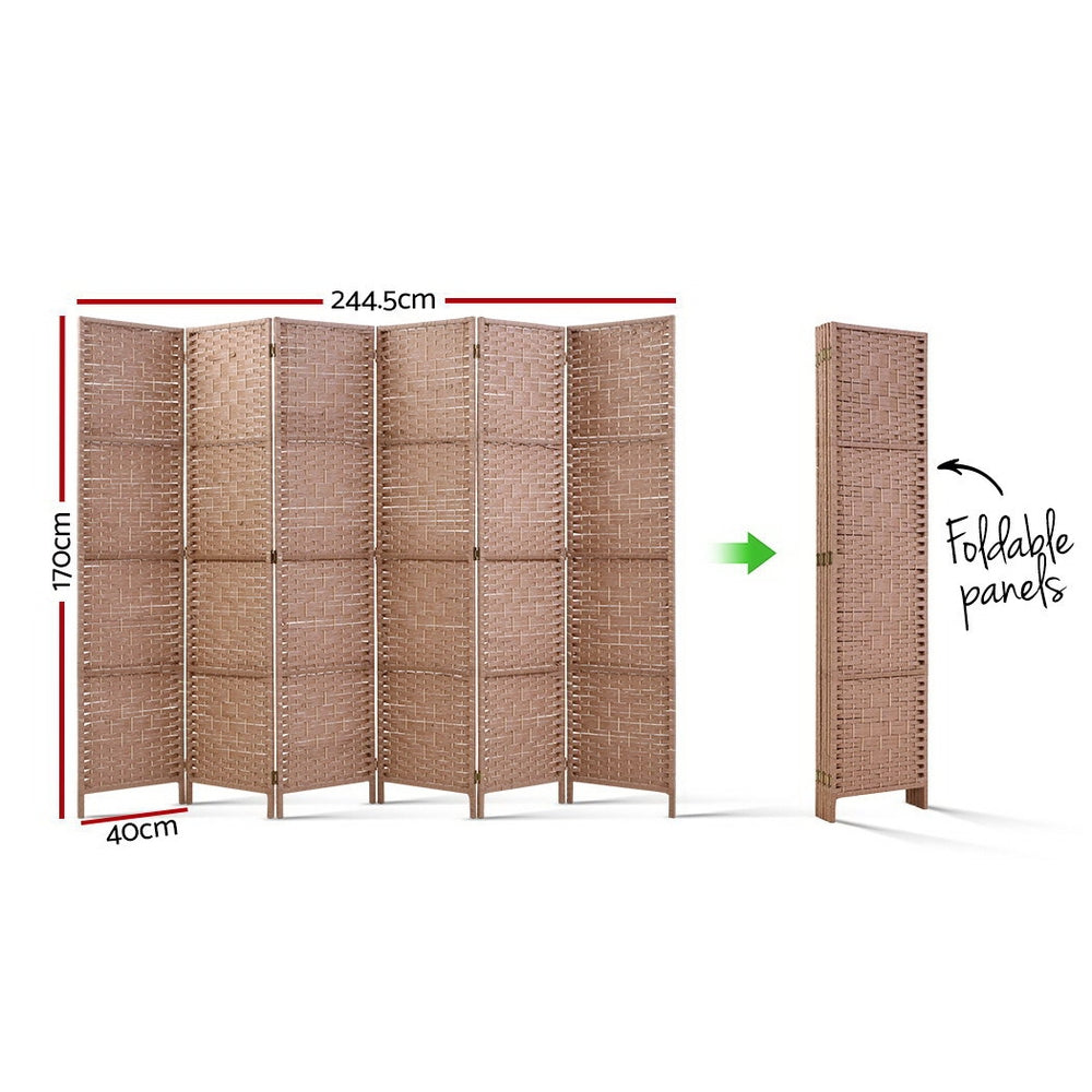 Natural 6-panel woven paper rope room divider dimension diagram 244.5cm wide 170cm tall 40cm depth with foldable compact view