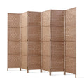 Natural 6-panel woven paper rope room divider flat front view on white background with beige woven texture and wood feet