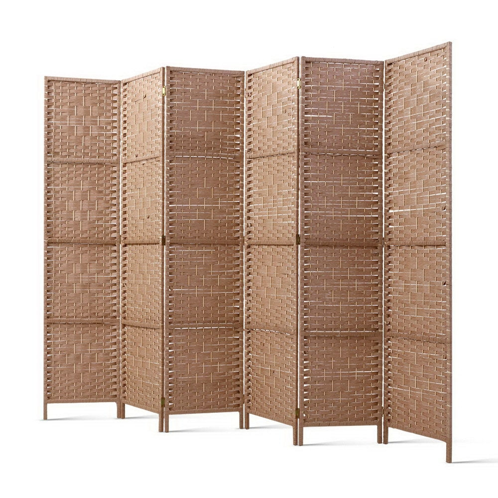Natural 6-panel woven paper rope room divider flat front view on white background with beige woven texture and wood feet