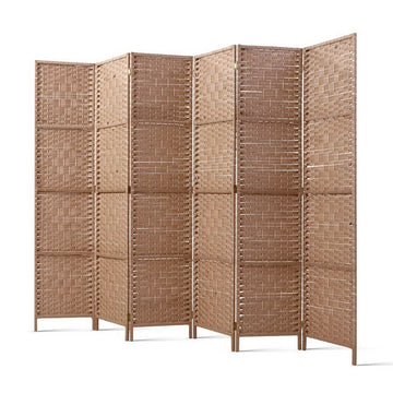 Natural 6-panel woven paper rope room divider flat front view on white background with beige woven texture and wood feet