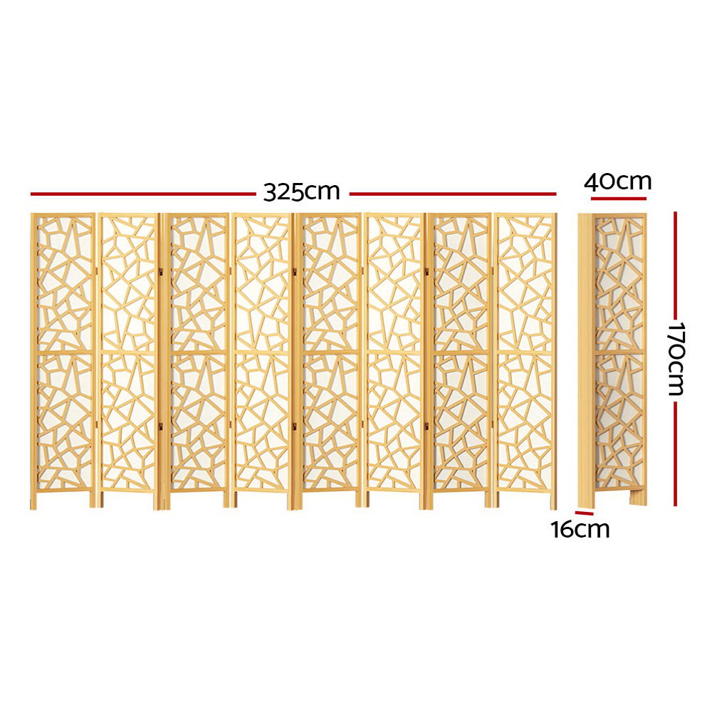 Natural pine 8-panel geometric MDF room divider with cutout pattern in lifestyle room with chair and ottomans