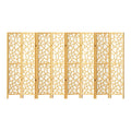 Natural pine 8-panel geometric cutout MDF room divider flat front view on white background with wood feet