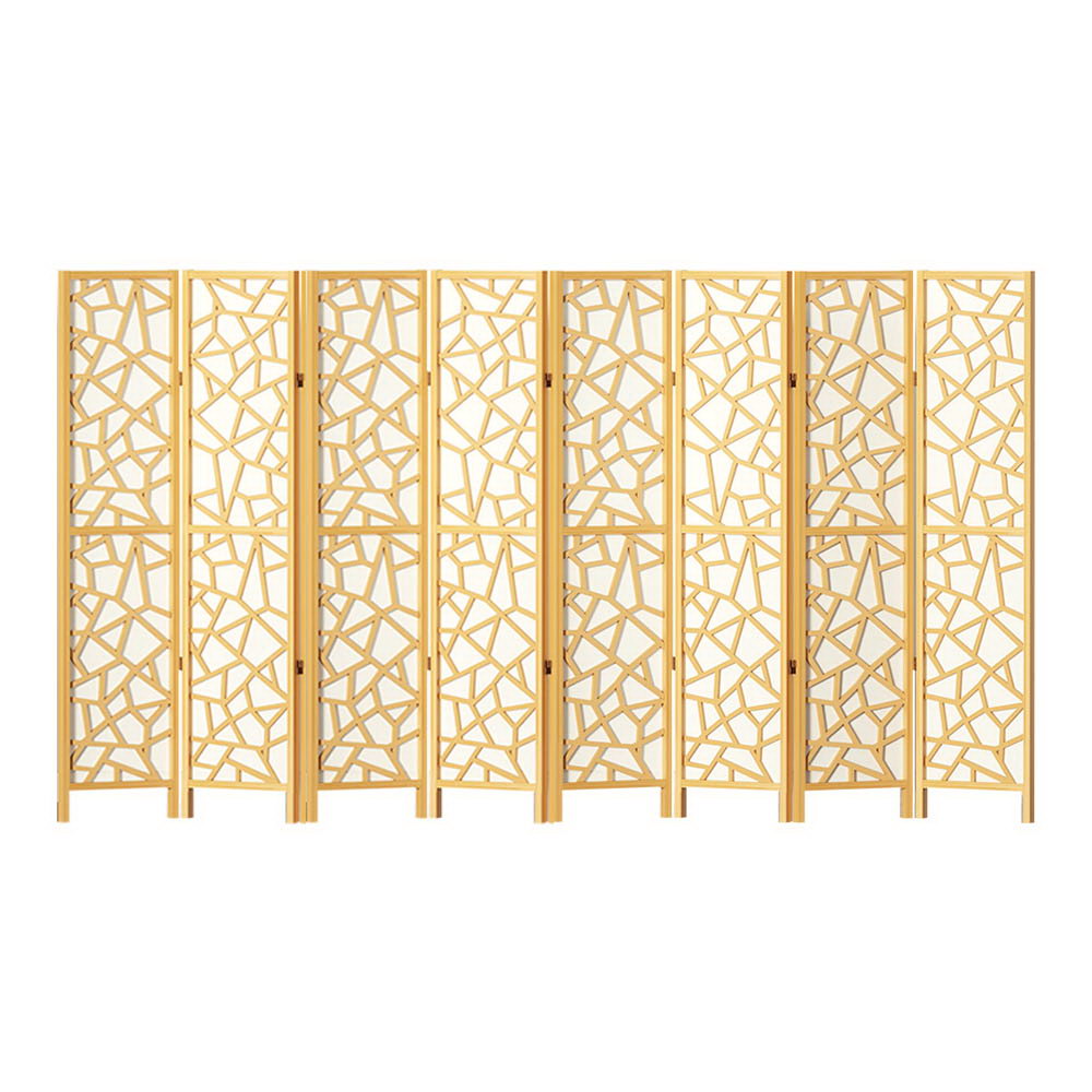 Natural pine 8-panel geometric cutout MDF room divider flat front view on white background with wood feet
