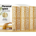 Natural pine 8-panel geometric MDF room divider personal space lifestyle with pine bed and two-way gold metal hinges callout
