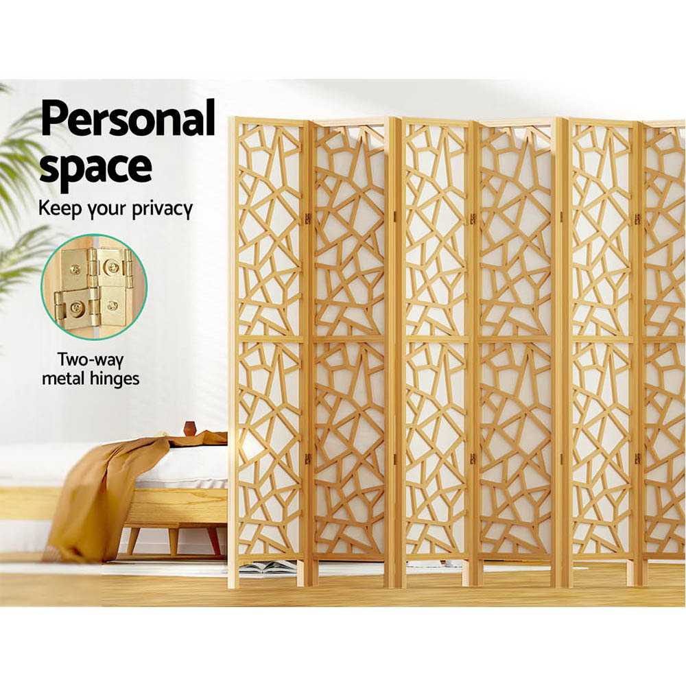 Natural pine 8-panel geometric MDF room divider personal space lifestyle with pine bed and two-way gold metal hinges callout