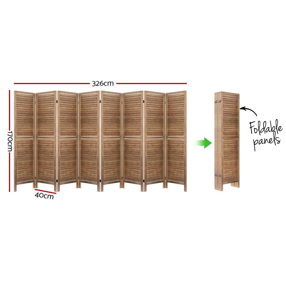 Natural 8-panel louvered wood room divider dimension diagram 326cm wide 170cm tall 40cm depth with foldable compact storage