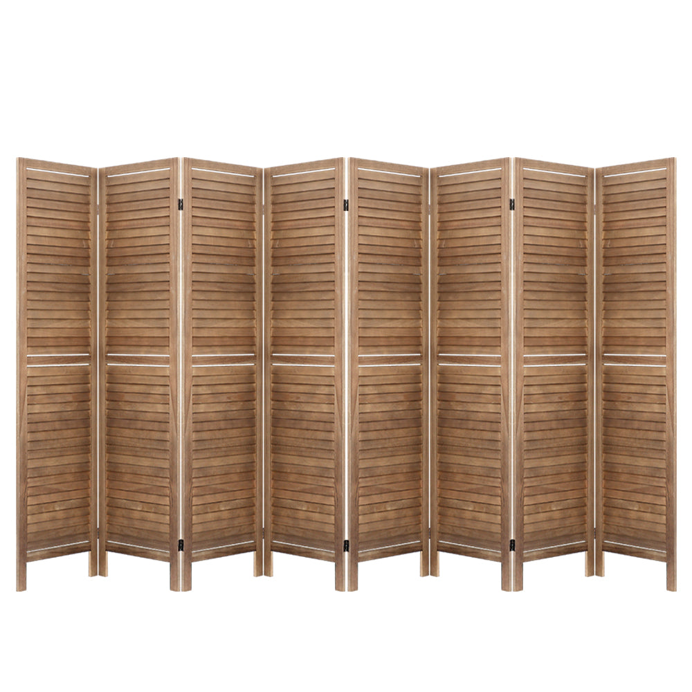Natural 8-panel louvered wood room divider flat front view on white background with horizontal wood slat panels
