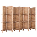 Natural 8-panel louvered wood room divider with three built-in shelves angled view on white background with shelf rails