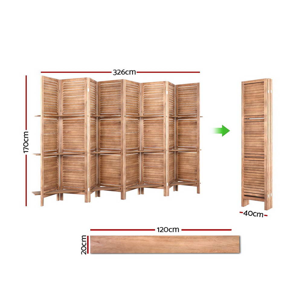 Natural 8-panel louvered wood room divider with shelves dimension diagram 326cm wide 170cm tall 40cm depth and 120cm shelf