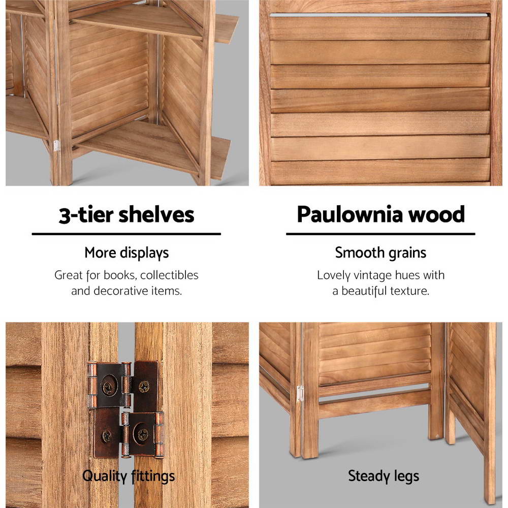 Natural 8-panel louvered room divider 3-tier shelves and paulownia wood close-ups with copper hinge fittings and steady legs