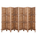 Natural 8-panel louvered paulownia wood room divider front view on white background with three built-in shelf tiers