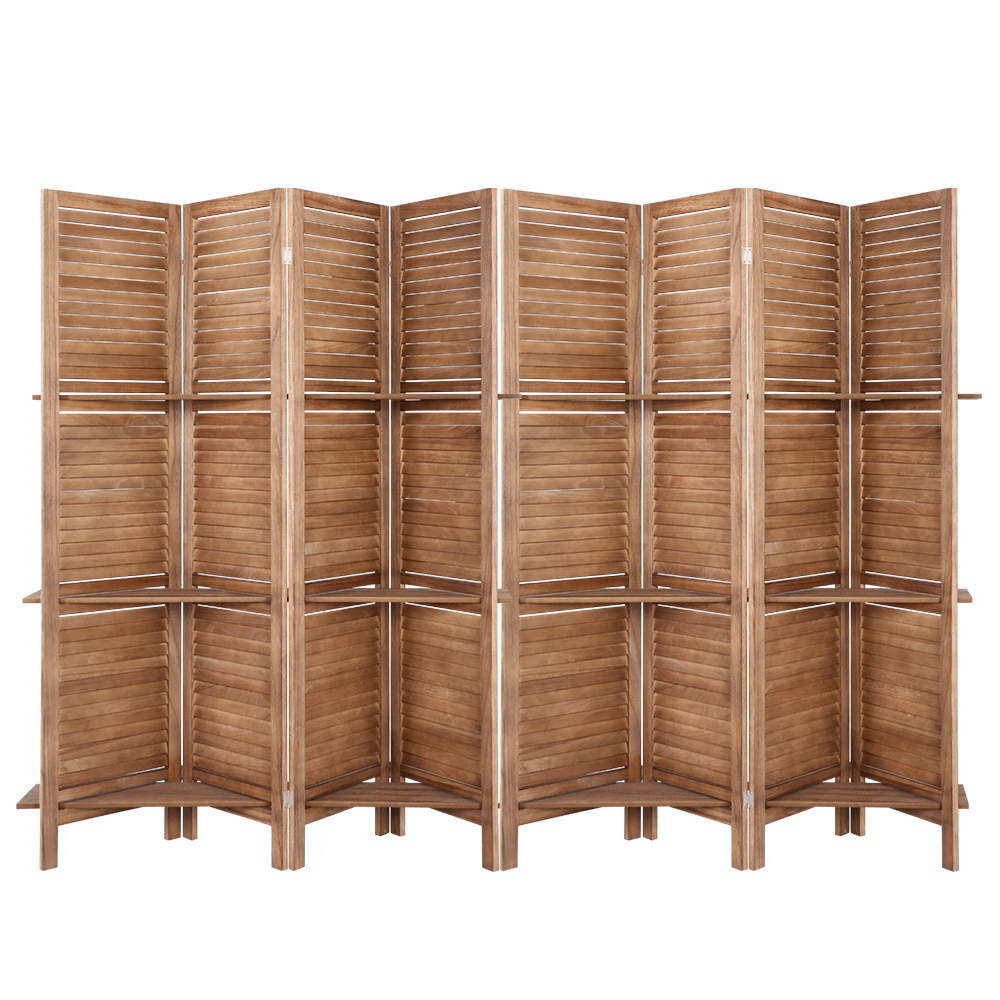 Natural 8-panel louvered paulownia wood room divider front view on white background with three built-in shelf tiers