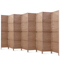 Natural 8-panel woven paper rope room divider flat front view on white background with beige woven texture and wood feet