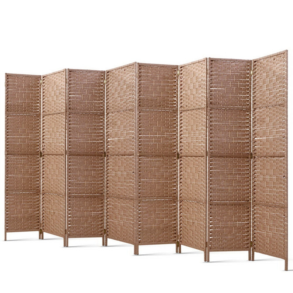 Natural 8-panel woven paper rope room divider flat front view on white background with beige woven texture and wood feet