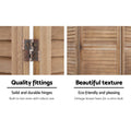 Natural louvered wood room divider feature close-ups copper two-way hinge on wood frame and horizontal wood slat texture