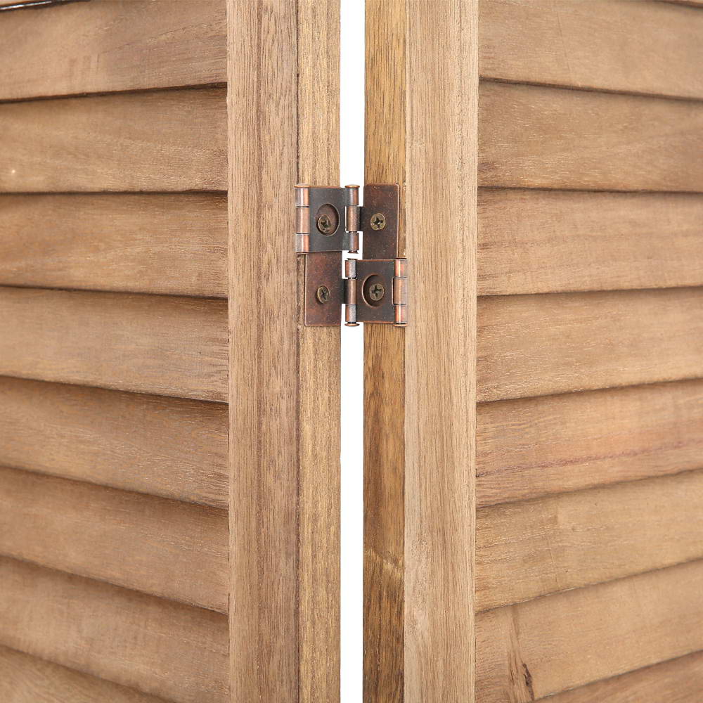 Natural louvered wood room divider with shelves feature close-ups copper two-way hinge and horizontal wood slat texture