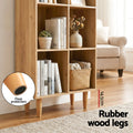 Natural oak 8-cube bookcase base showing 14.5cm rubber wood legs with floor protectors inset, text: Rubber wood legs