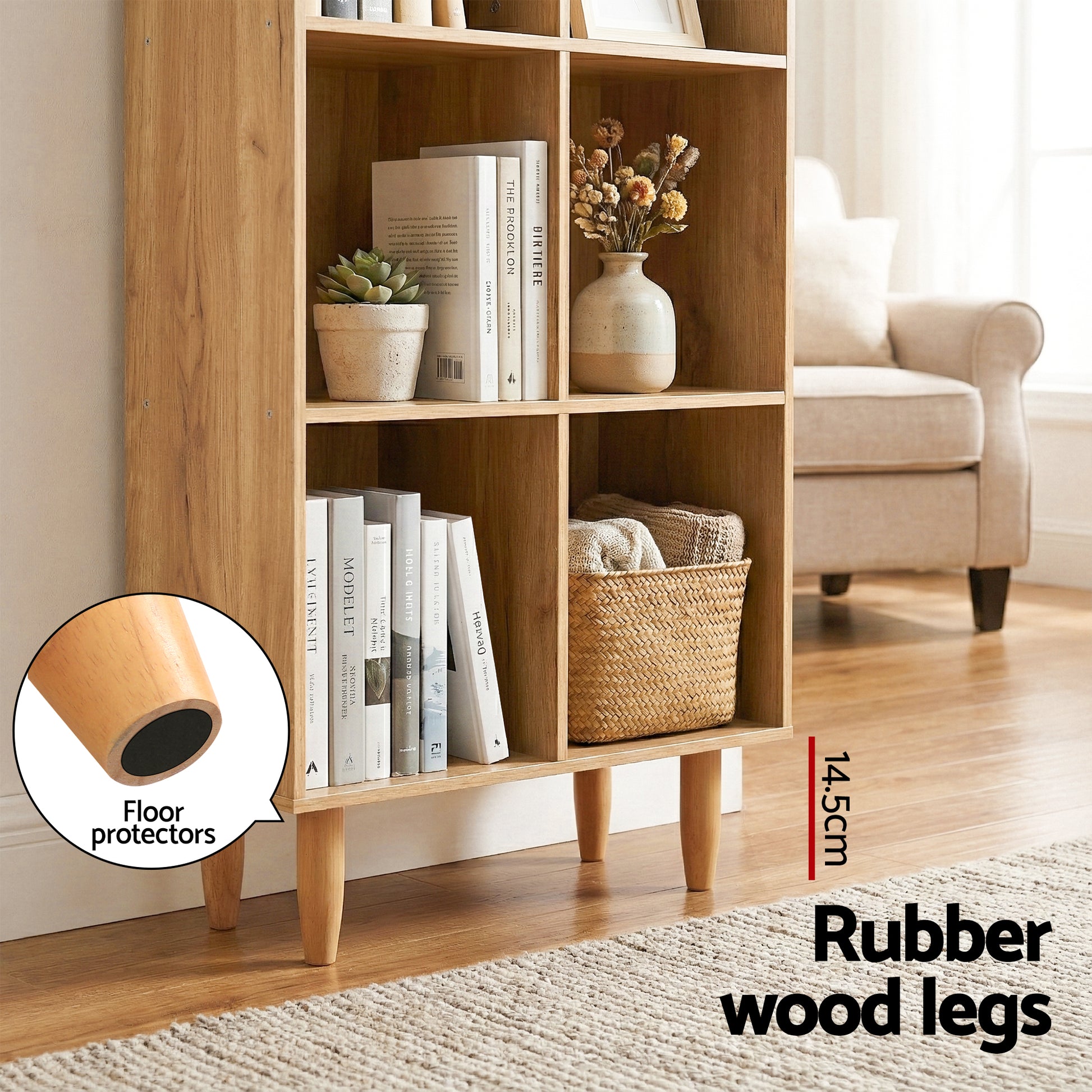 Natural oak 8-cube bookcase base showing 14.5cm rubber wood legs with floor protectors inset, text: Rubber wood legs