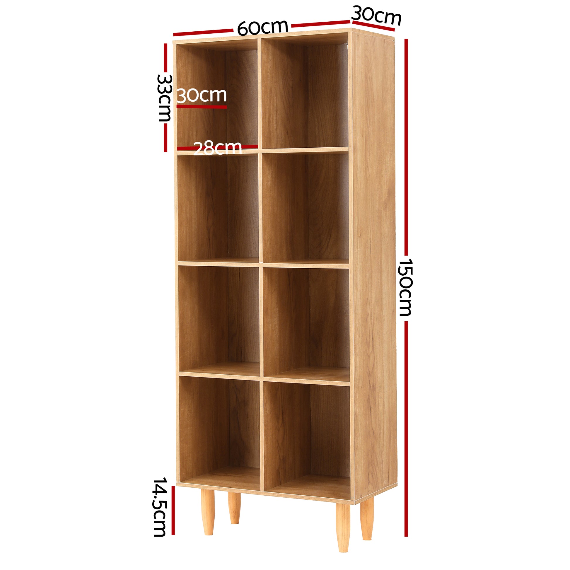 8-cube bookcase dimensions: 60cm wide, 30cm deep, 150cm tall, 33cm cube height, 14.5cm tapered legs, natural oak