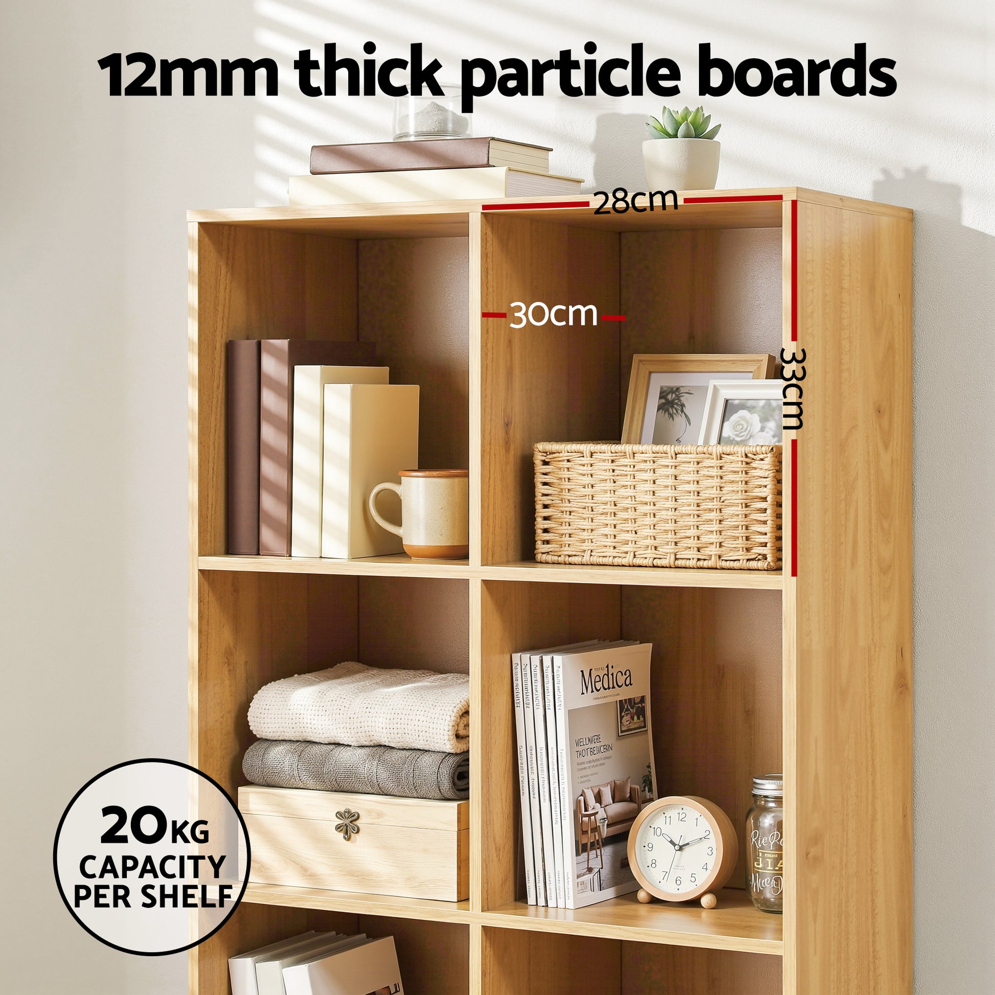 8-cube bookcase closeup with dimension callouts 28×30×33cm and text: 12mm thick particle boards, 20kg capacity per shelf