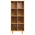 8-cube bookcase in natural oak, front view on white background, empty compartments, tapered legs, anchor clips at top