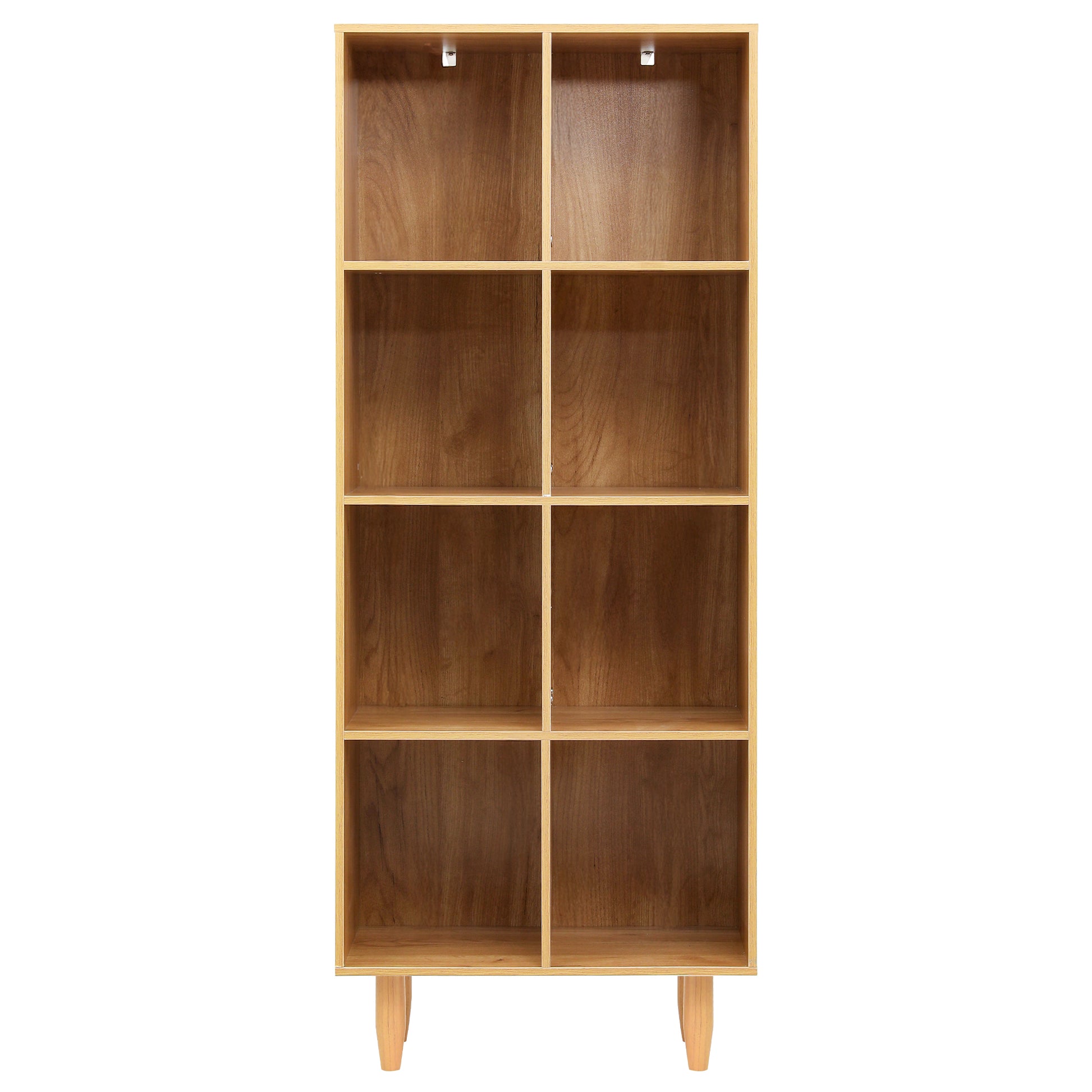 8-cube bookcase in natural oak, front view on white background, empty compartments, tapered legs, anchor clips at top