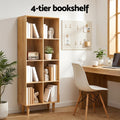 8-cube natural oak bookcase in home study setting styled with books and plants, text: 4-tier bookshelf