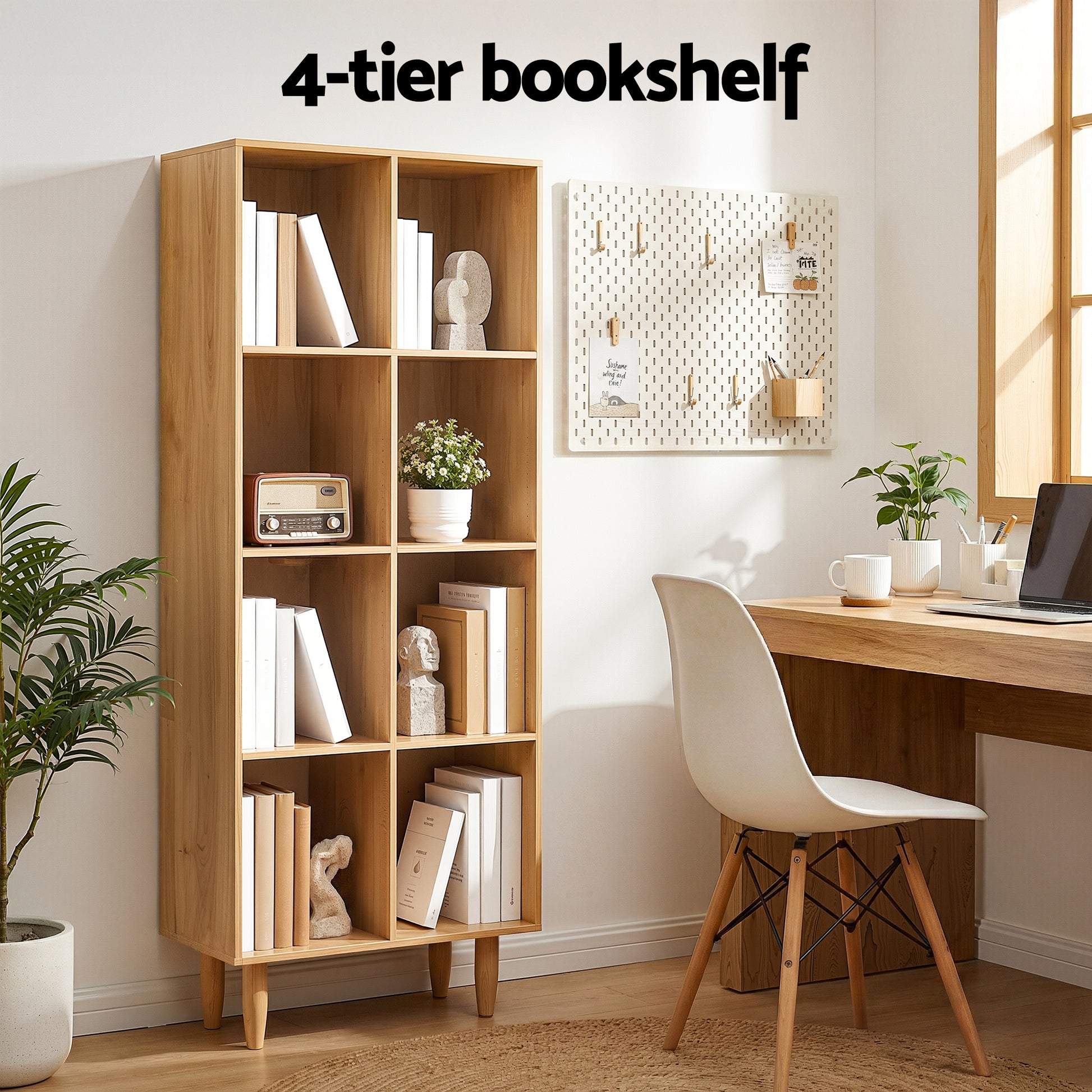 8-cube natural oak bookcase in home study setting styled with books and plants, text: 4-tier bookshelf