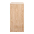 Close-up side view of natural oak console table slat side panel showing vertical slat grooves and bottom notch cutouts
