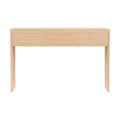 Natural oak console table with ribbed slat side panels, flat top and open base, front-on view on white background