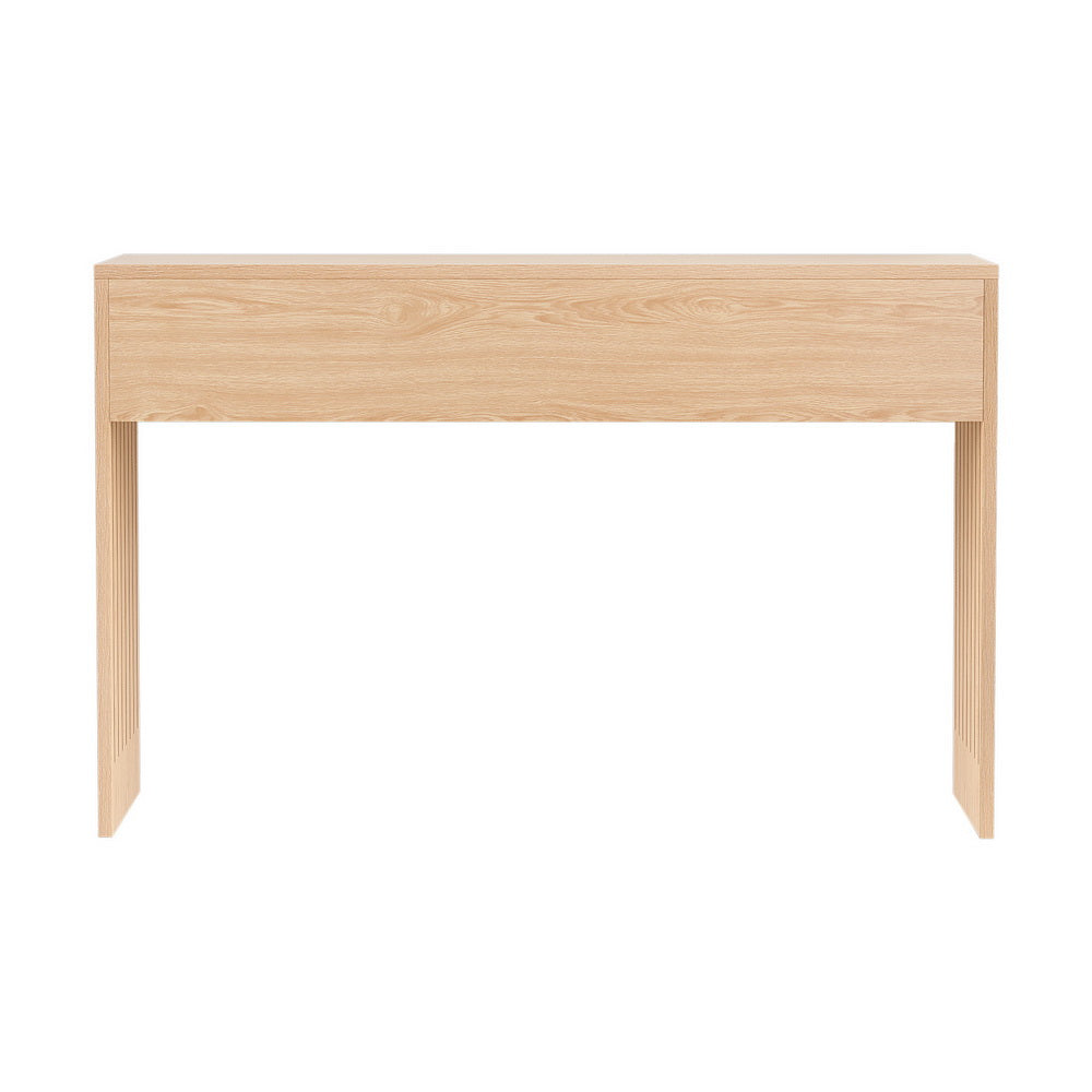 Natural oak console table with ribbed slat side panels, flat top and open base, front-on view on white background
