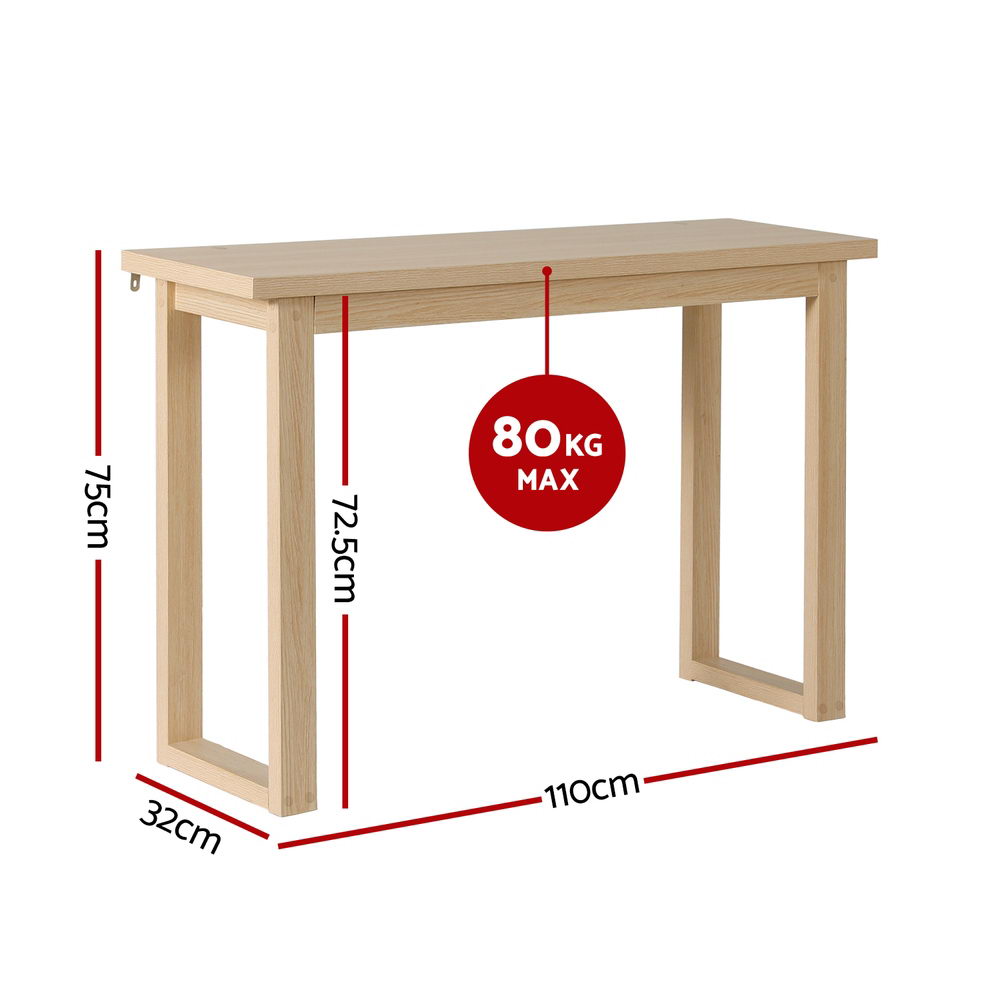 Natural oak console table dimensions: 110cm wide, 32cm deep, 75cm tall, inner 72.5cm, 80kg max capacity