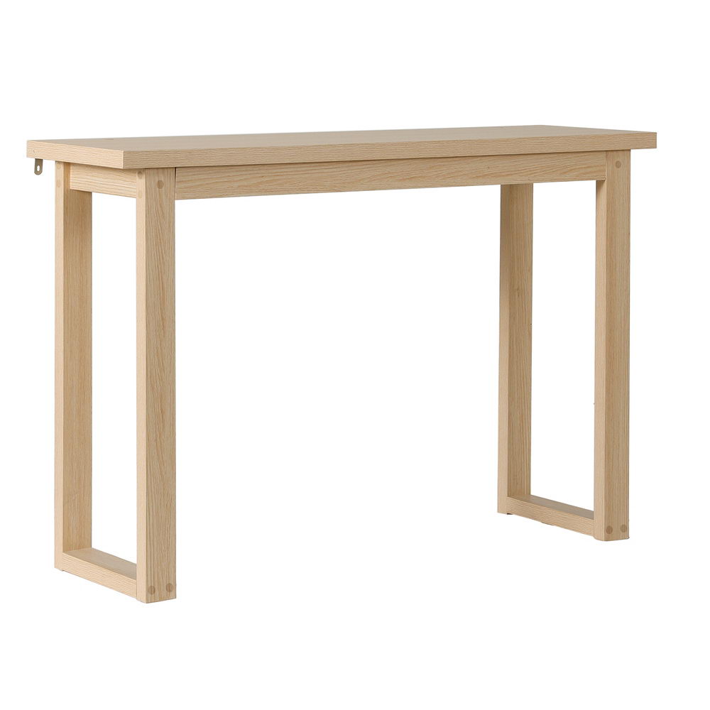 Natural oak console table with open rectangular U-shaped legs, angle view on white background