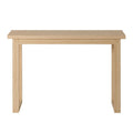 Natural oak console table with open rectangular U-shaped legs, front view on white background
