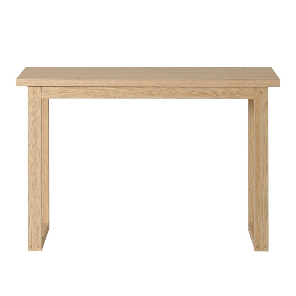 Natural oak console table with open rectangular U-shaped legs, front view on white background