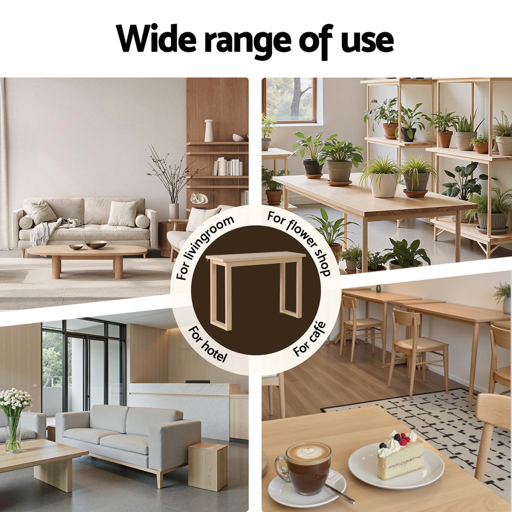 Natural oak console table shown in four settings: living room, flower shop, hotel, and cafe, text "Wide range of use"
