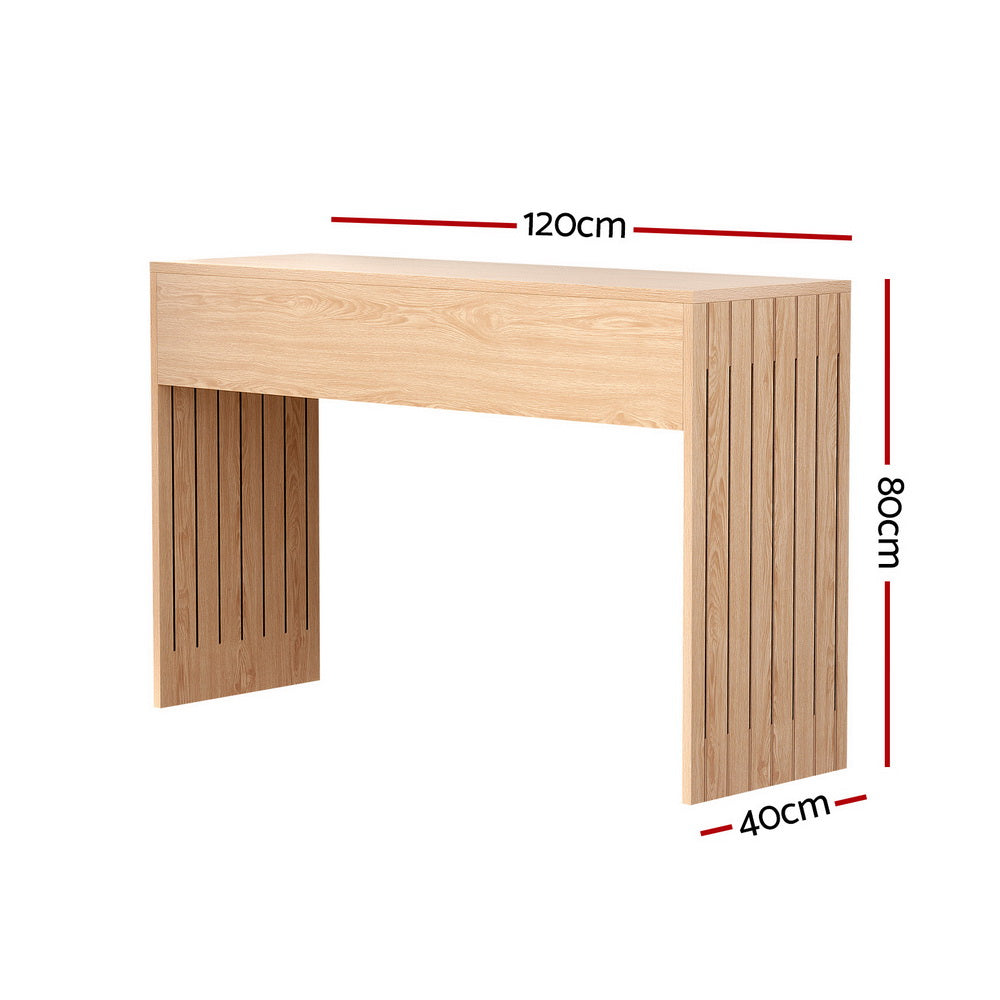Natural oak console table with slat side panels, dimensions: 120cm wide, 40cm deep, 80cm tall