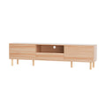Natural pine TV unit 180cm angle view on white two side doors center open shelf cable hole drop-down drawer round legs