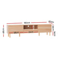 Natural pine TV unit 180cm dimension diagram 180x40x48cm 58cm cabinets 61cm center opening 34cm depth 14cm legs