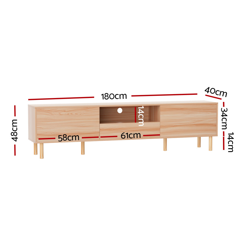 Natural pine TV unit 180cm dimension diagram 180x40x48cm 58cm cabinets 61cm center opening 34cm depth 14cm legs