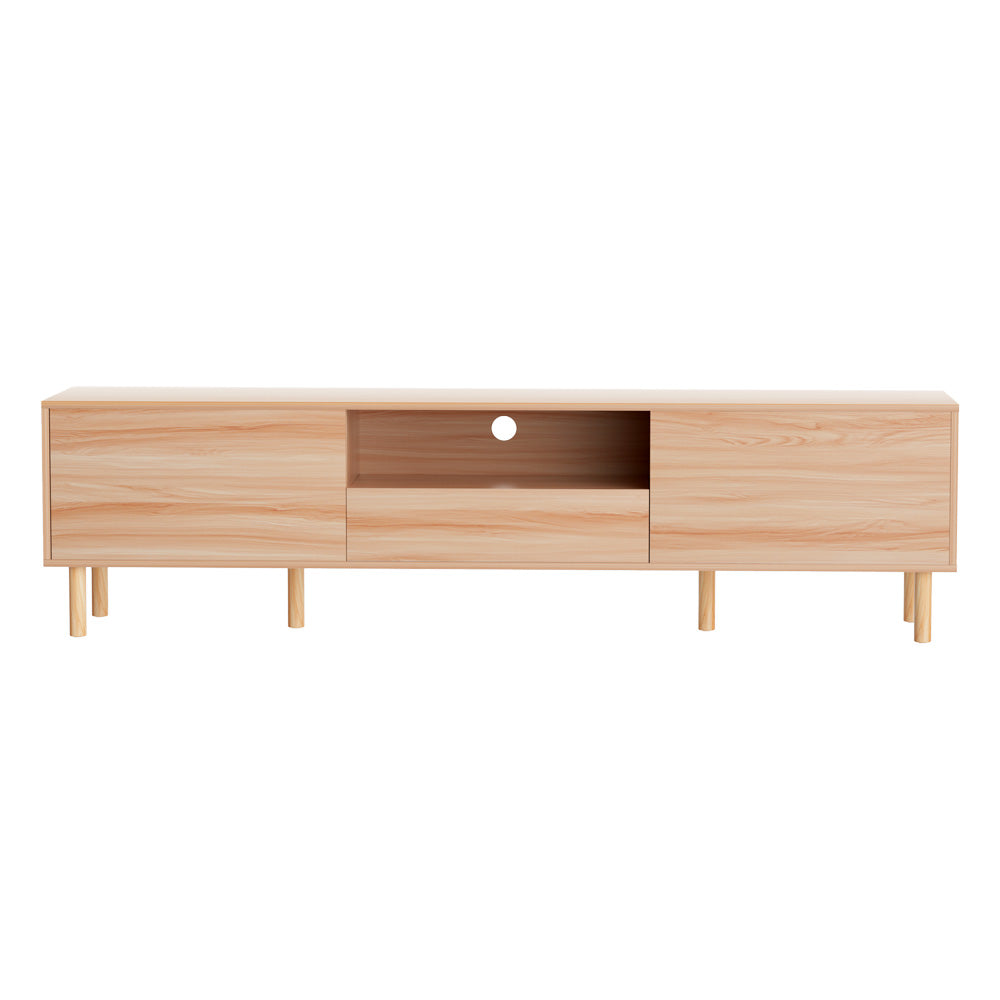 Natural pine TV unit 180cm flat front view on white two side push-open doors center cable-hole shelf drop-down drawer