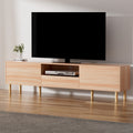 Natural pine TV unit 180cm lifestyle in minimal room with standing TV disc player on shelf and plant vase on top