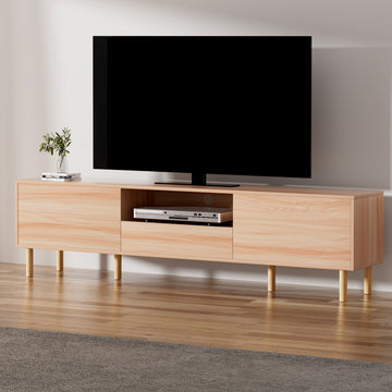 Natural pine TV unit 180cm lifestyle in minimal room with standing TV disc player on shelf and plant vase on top
