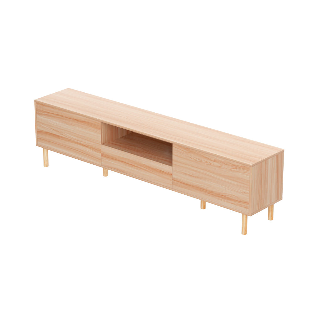 Natural pine TV unit 180cm elevated top-angle view on white showing full top surface and right side panel