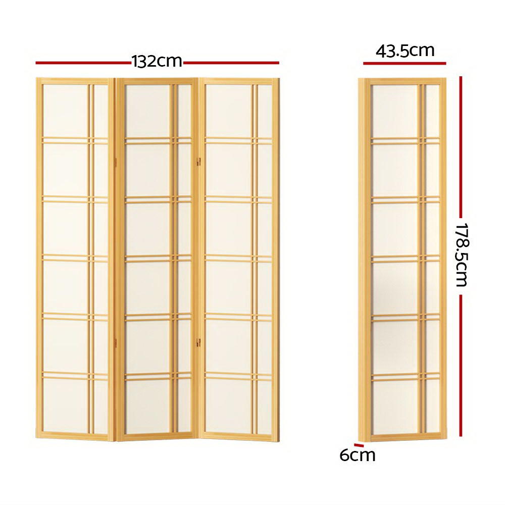 Natural 3-panel shoji screen dimension diagram 132cm wide 178.5cm tall 43.5cm panel and 6cm depth