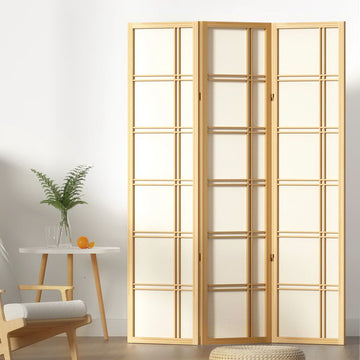 Natural pine wood 3-panel shoji screen room divider in Scandi lifestyle with fern plant orange bistro chair and round table