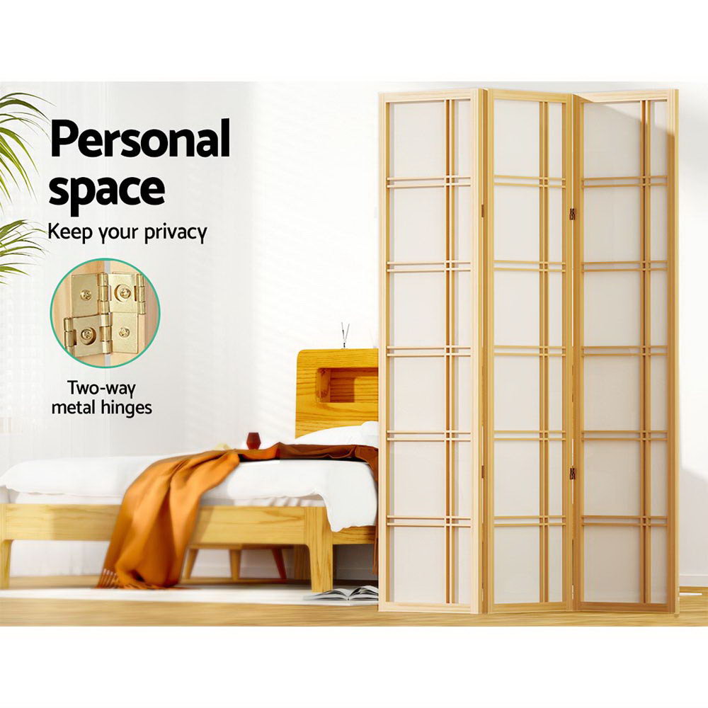 Natural pine 3-panel shoji screen in bedroom lifestyle with two-way metal hinges close-up callout and pine bed behind