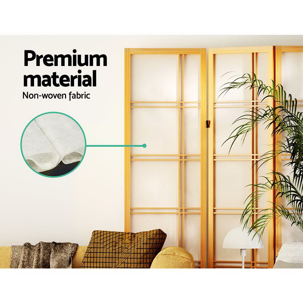 Natural pine 3-panel shoji screen non-woven fabric panel close-up in lifestyle room with palm plant and yellow sofa