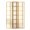 Natural pine 3-panel shoji screen flat front view on white background with grid wood frame and rice paper panels